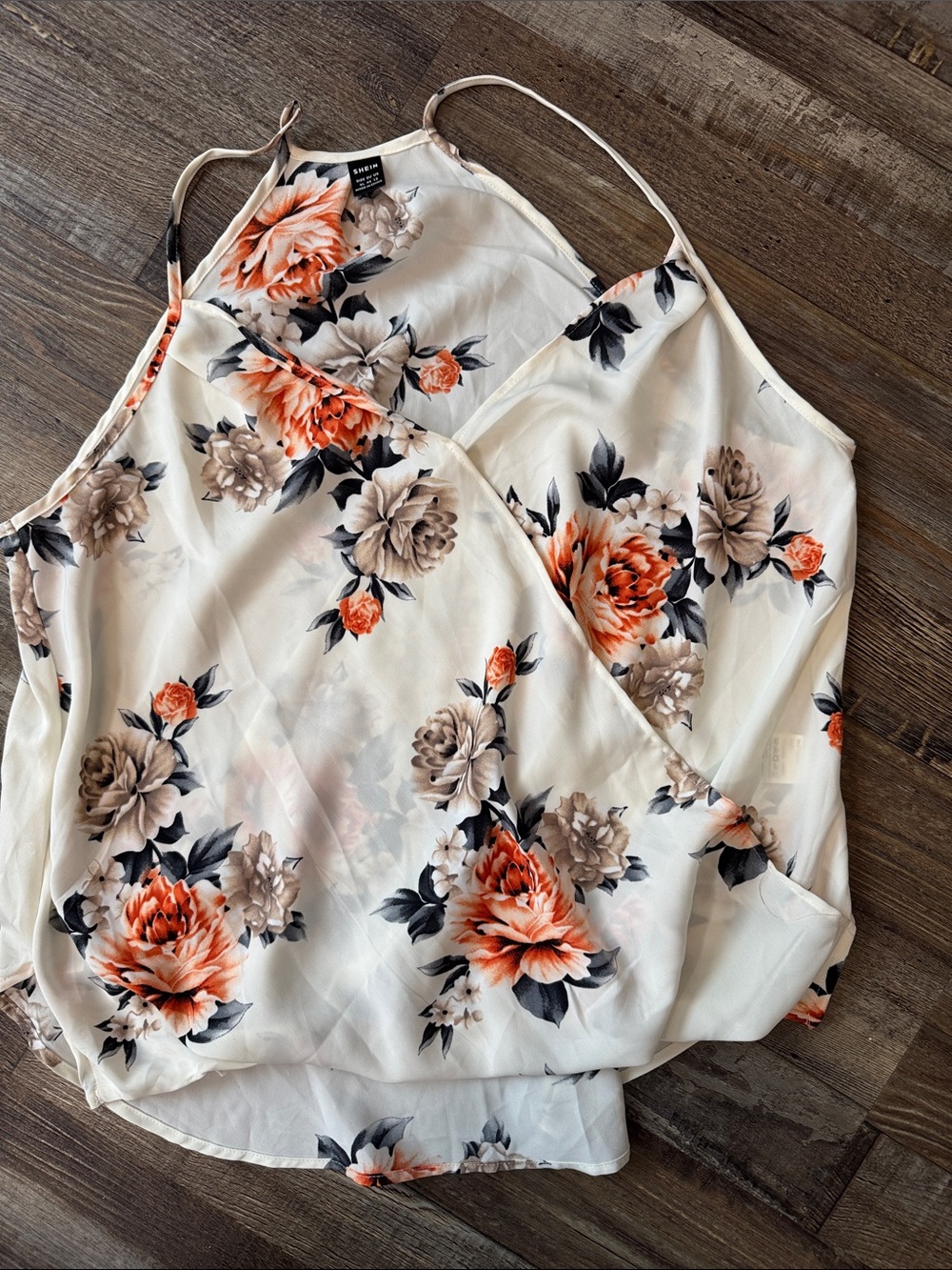 SHEIN White Floral Wrap Cami Top with Coral and Taupe Blooms